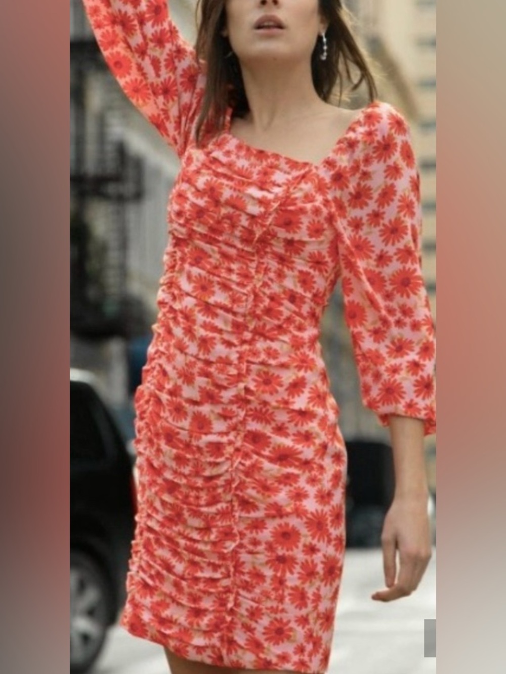 Nicole Miller Coral & Pink Daisy Print Ruched Fitted Mini Dress: Size 10